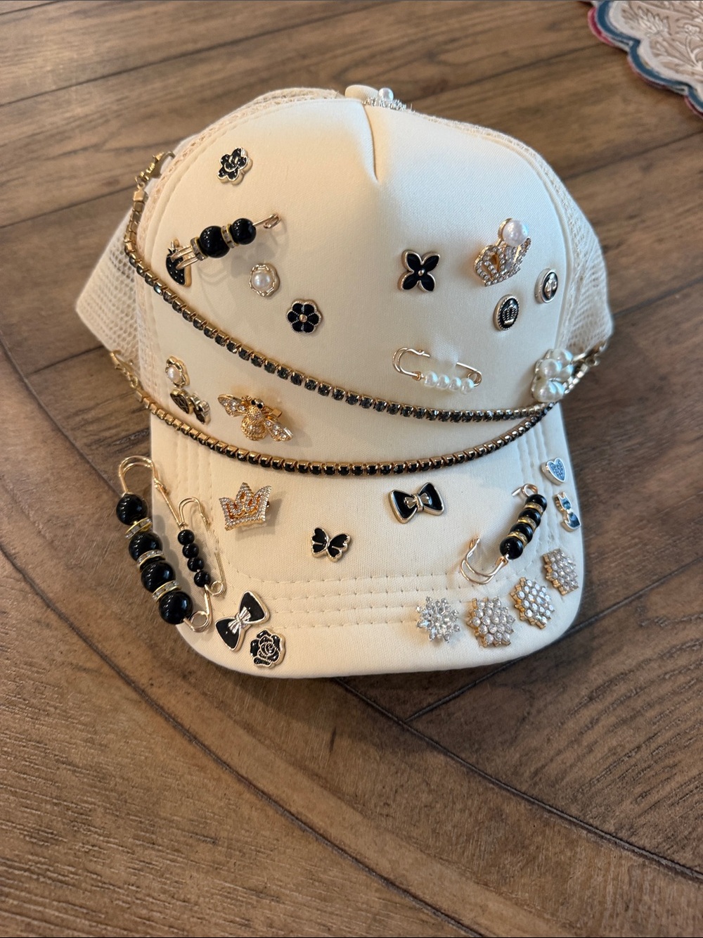Embellished White Baseball Cap with Black & Gold Accents